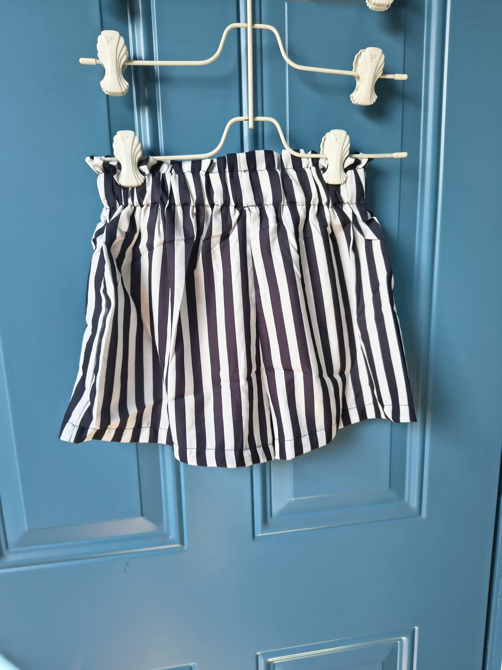 Black Off-Shoulder Ruffle Top & Black-White Striped High-Waist Shorts Set